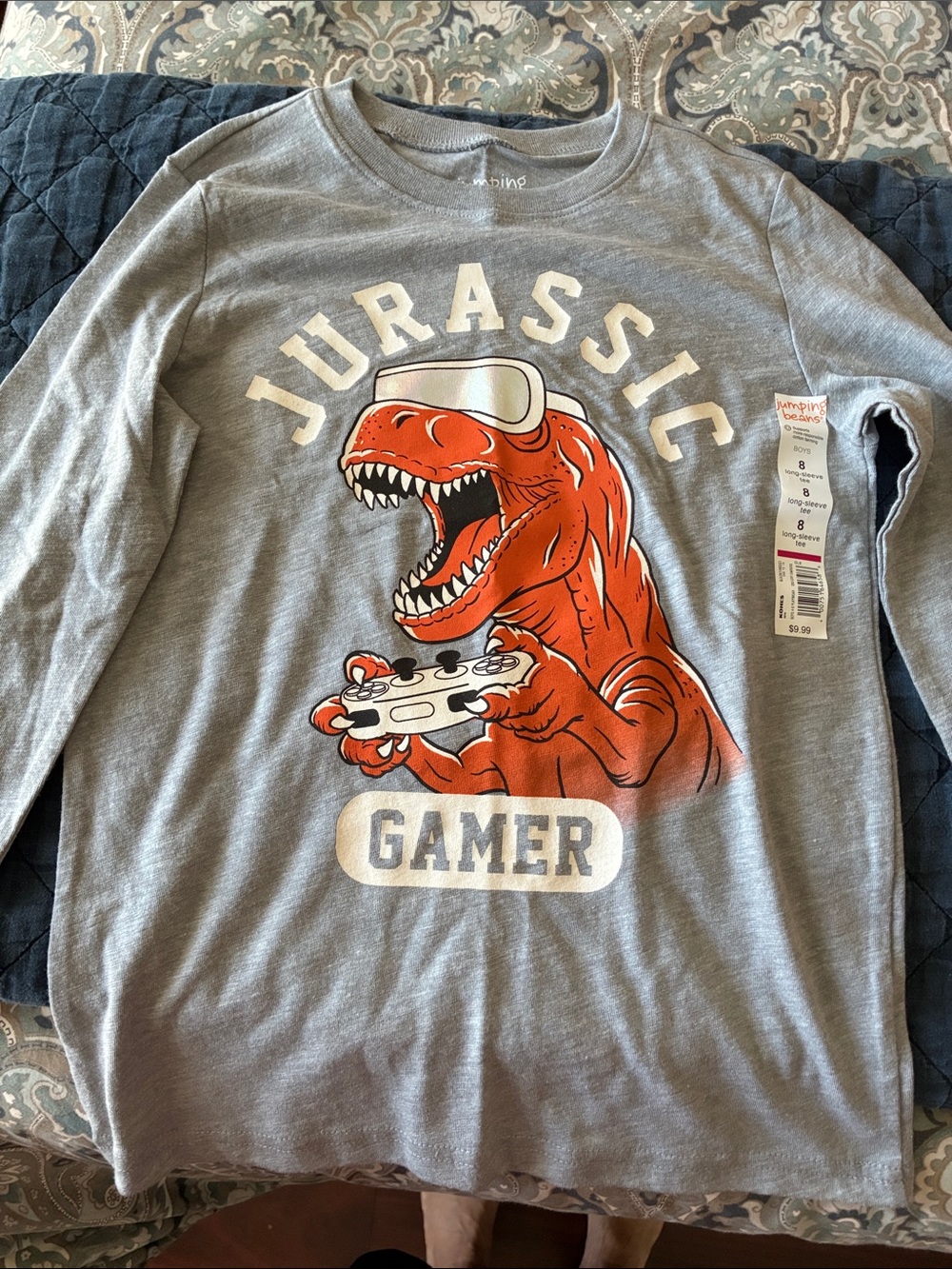 jumping beans Long Sleeved Gray Shirt with Orange Dinosaur Gamer Graphic